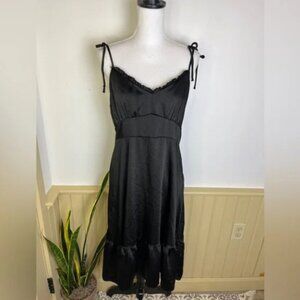 Nine West Black Satin Slip Babydoll Dress L Y2K Coquette Whimsigoth Goth LBD